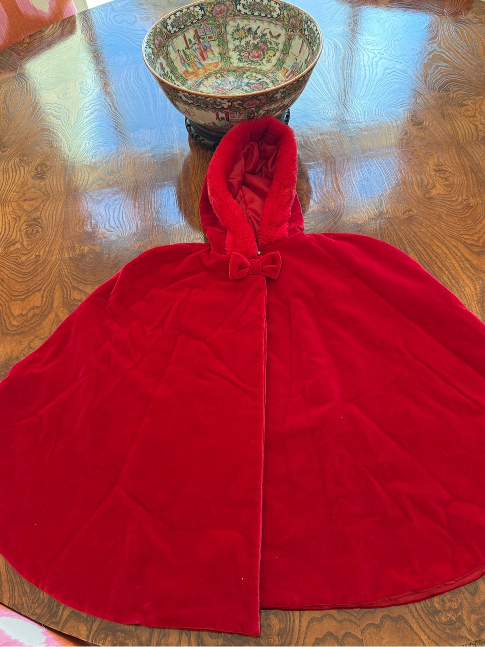 Girls' Red Hooded Velvet Cape with Bow Accent
